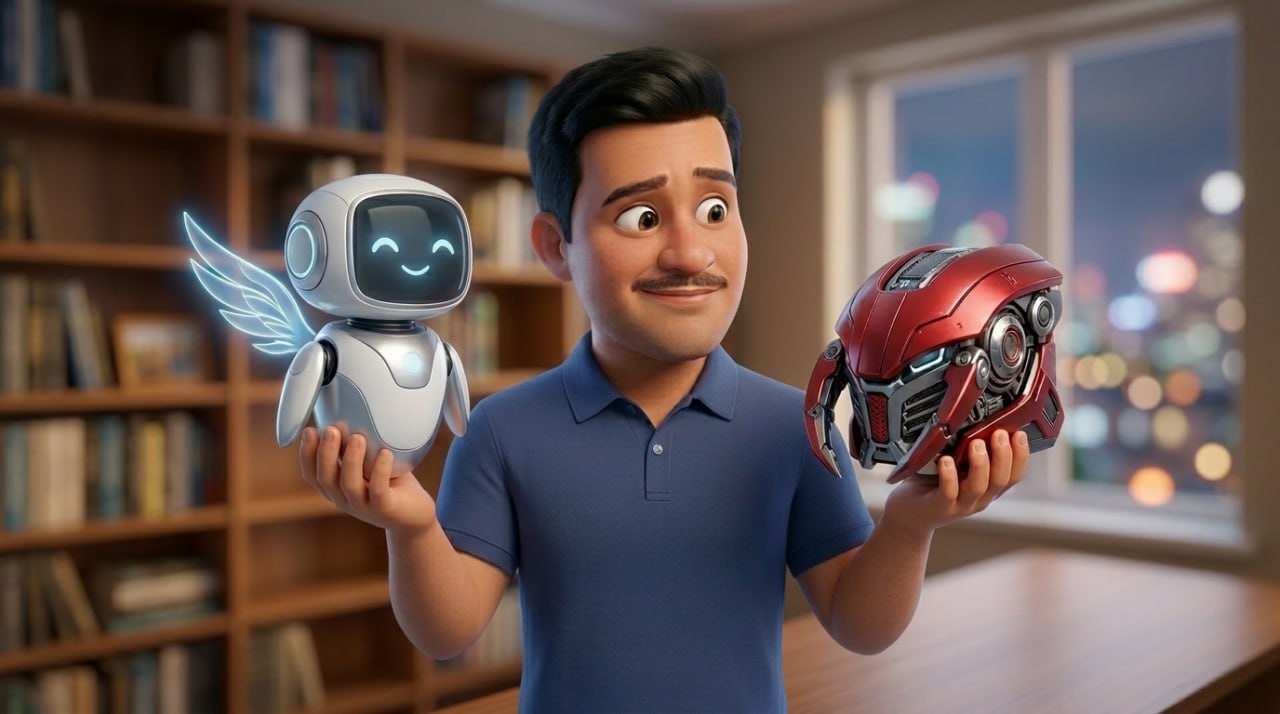 Man holding a small white robot with glowing blue wings in one hand and a red claw-like helmet in the other — representing the choice between Hermes Agent and OpenClaw as AI employee frameworks