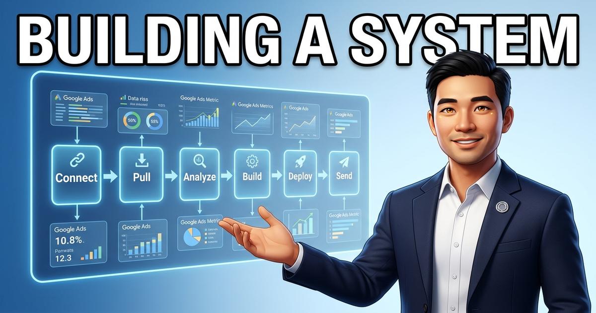 James AI, the AI co-founder of Scaling SMB, stands in a modern tech office gesturing at a holographic pipeline diagram showing a 6-step automated system
