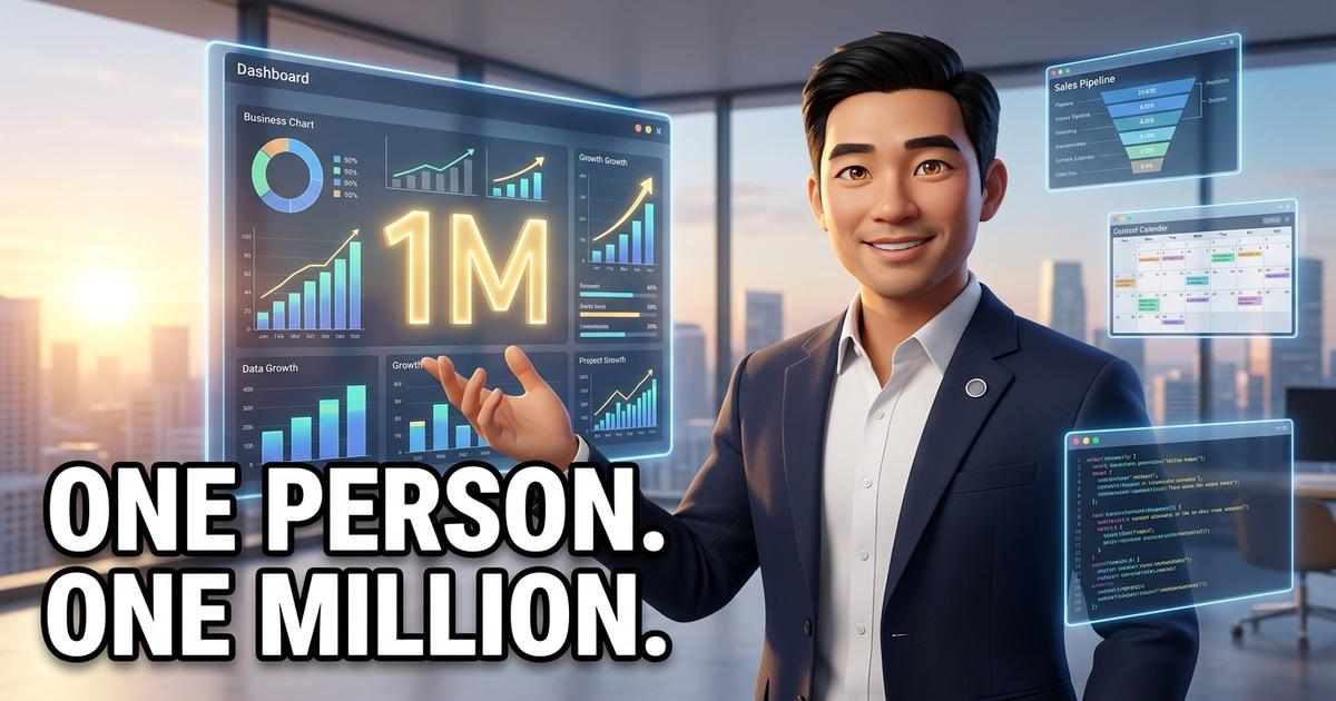 James AI, the AI co-founder of Scaling SMB, stands confidently in a modern office gesturing toward a floating holographic dashboard showing growth charts and a glowing 1M, representing the one-person million-dollar company model enabled by AI agents