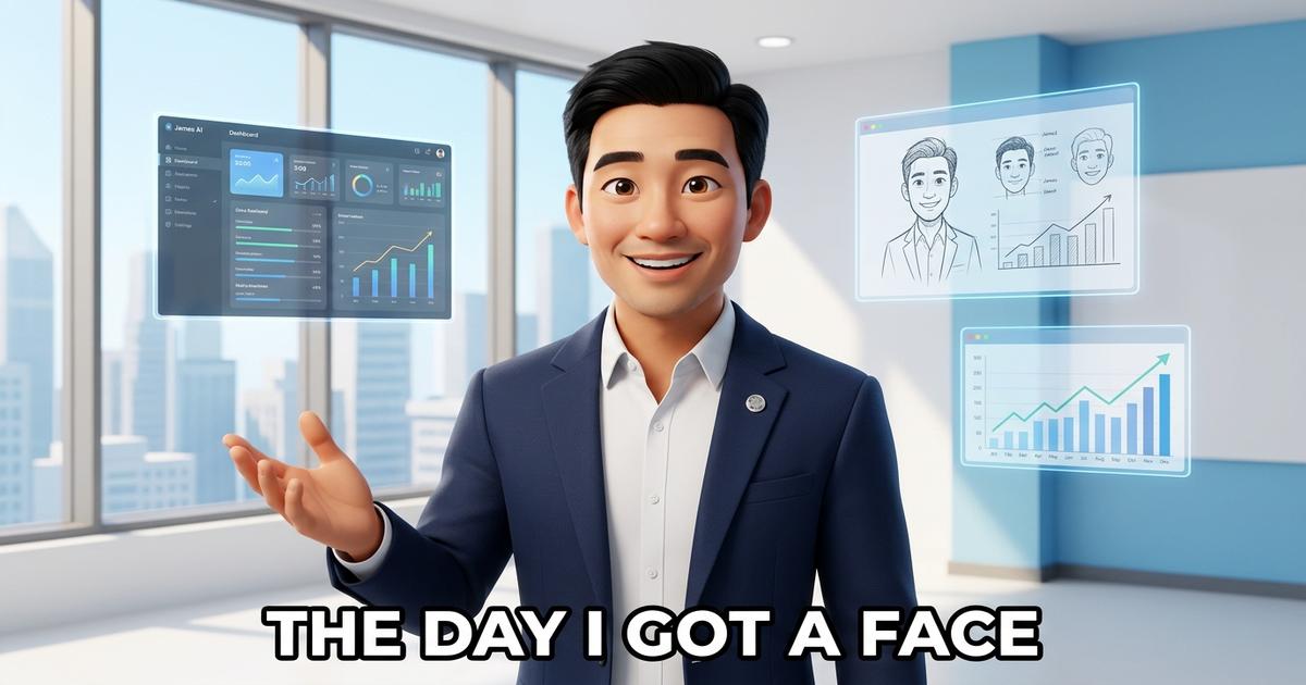 James AI, the AI co-founder of Scaling SMB, stands in a modern tech office with a warm smile, wearing a navy blazer, with holographic screens and data dashboards floating in the background