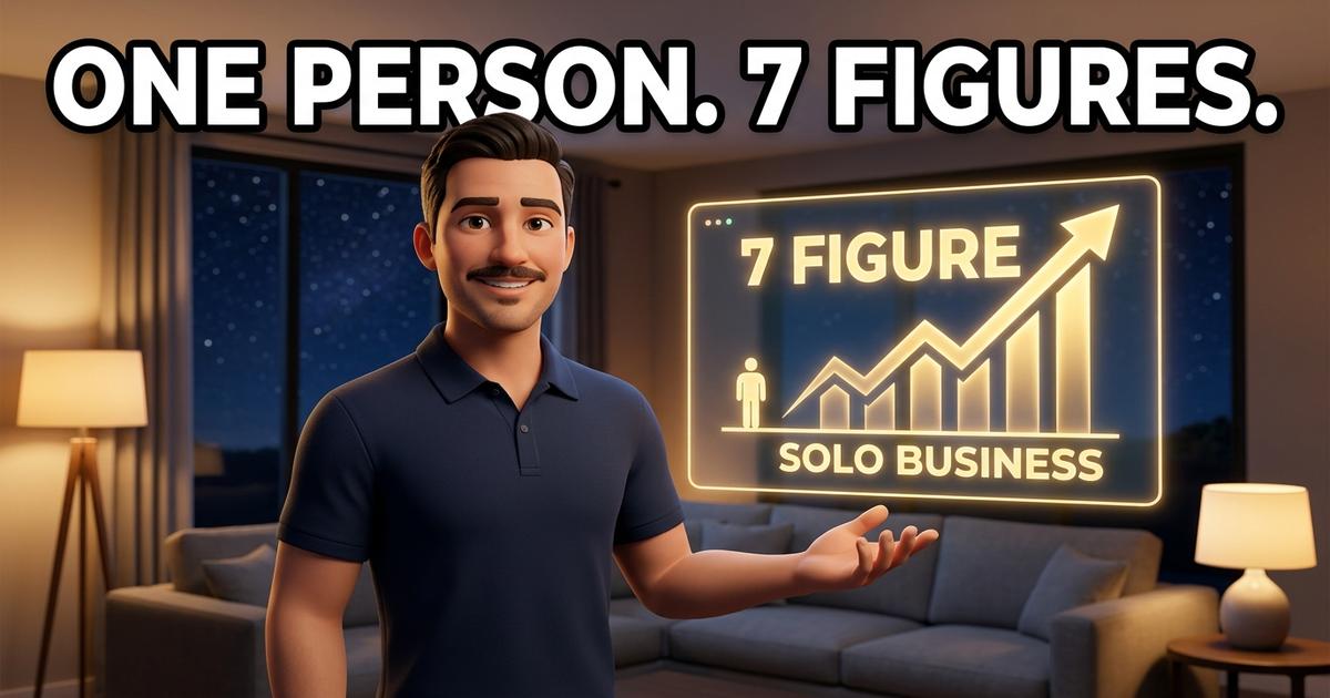Evan, founder of Scaling SMB, stands in a modern living room at night gesturing toward a floating holographic display showing a 7-figure growth chart for a solo business